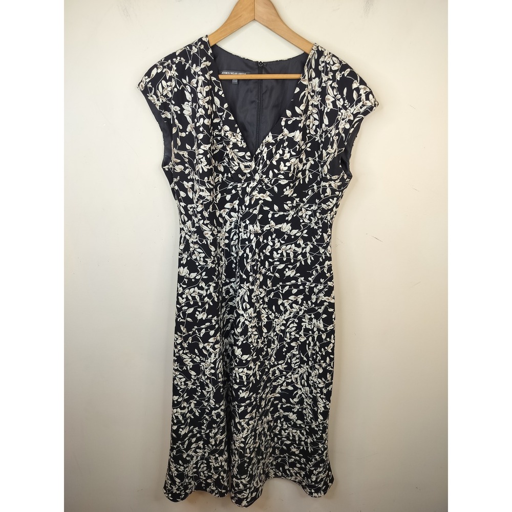 Jones Wear Floral Midi Dress 16 Womens V-Neck Faux Wrap Cap Sleeve